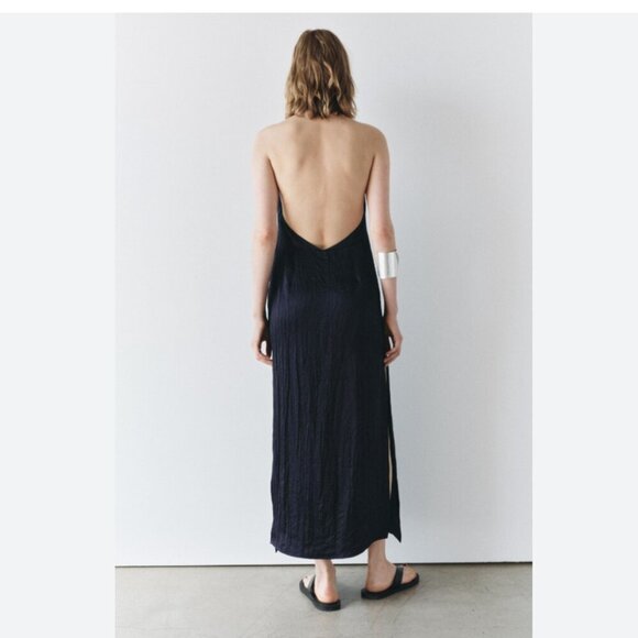 Zara ZW Collection Satin Halter Dress NWT Dark Navy Blogger Size Medium - Picture 7 of 16